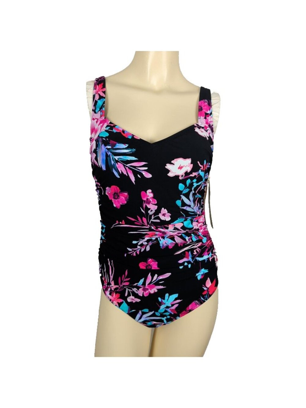 Gottex Swimsuit Womens 12 Black Pink Floral Multicolor Ruched One Piece